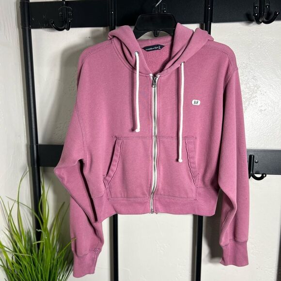 Abercrombie & Fitch cropped zip hoodie mauve Oversized Size Small - Picture 2 of 13
